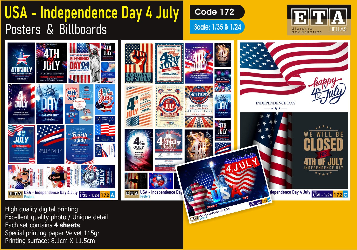 Affiches et Panneaux USA 4 Juillet Indépendance – Diorama 1/35 & 1/24 – ETA n°172