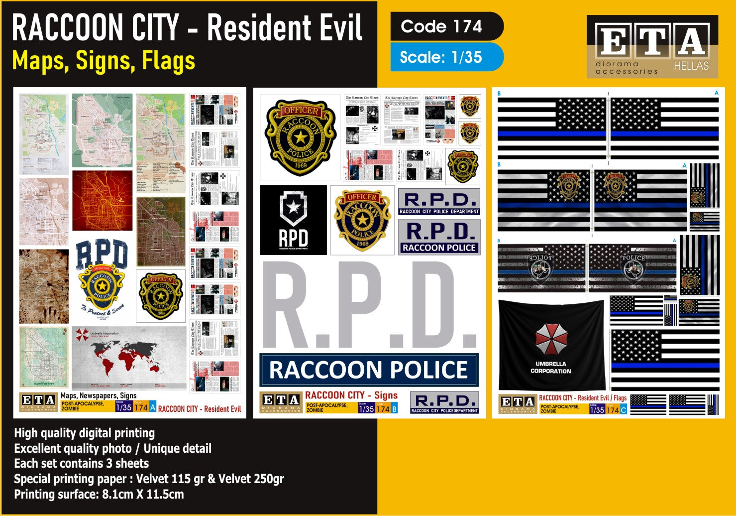 Raccoon City Cartes Panneaux Drapeaux – Diorama 1/35 – ETA n°174
