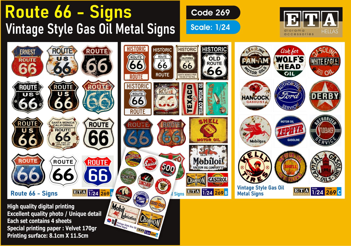 Route 66 Signs – Vintage Gas Oil Metal Signs – Diorama 1/24 – ETA n°269