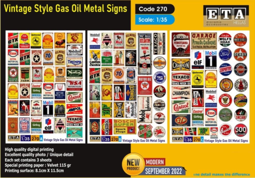 Vintage Style Gas Oil Metal Signs – Diorama 1/35 – ETA n°270